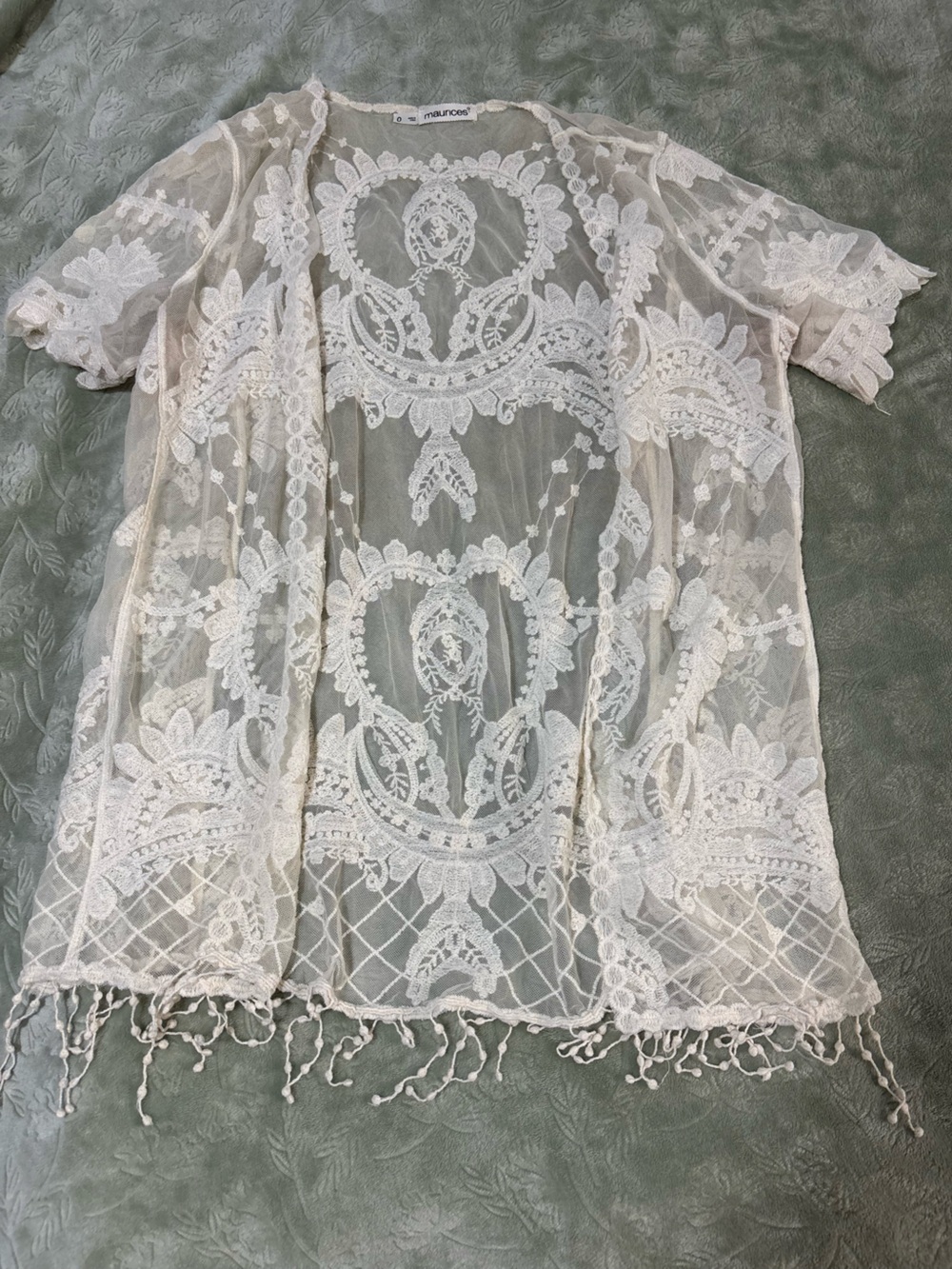 Maurices Sheer Ivory Lace Robe with Embroidered Motifs